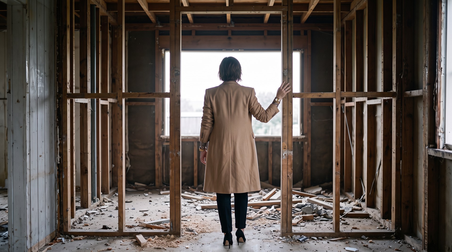 Emma Hanover standing in a stripped-out room with the timber framing exposed