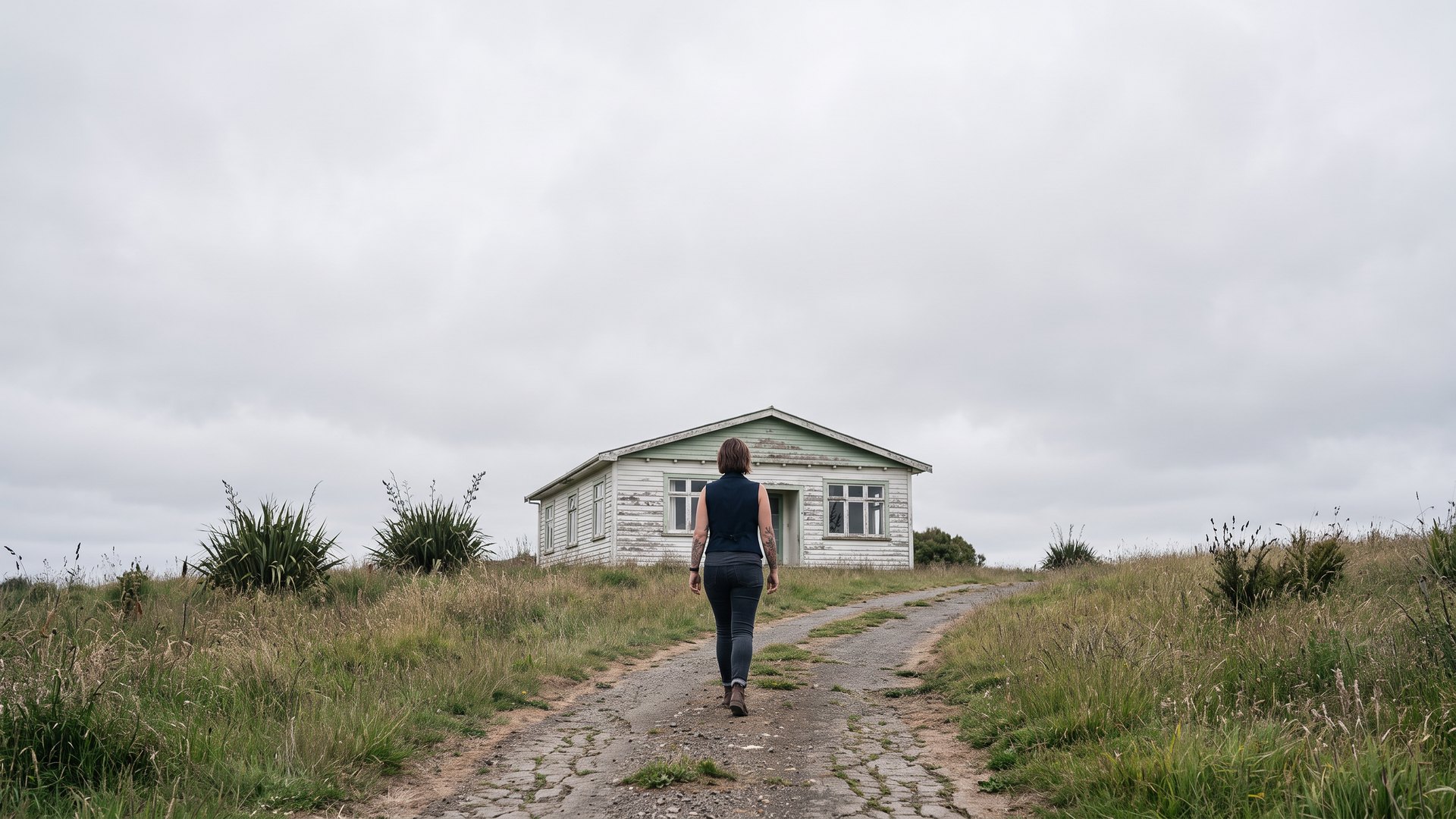 Emma Hanover walking up a cracked gravel path through long grass towards a weatherboard house with peeling white paint under a flat grey sky