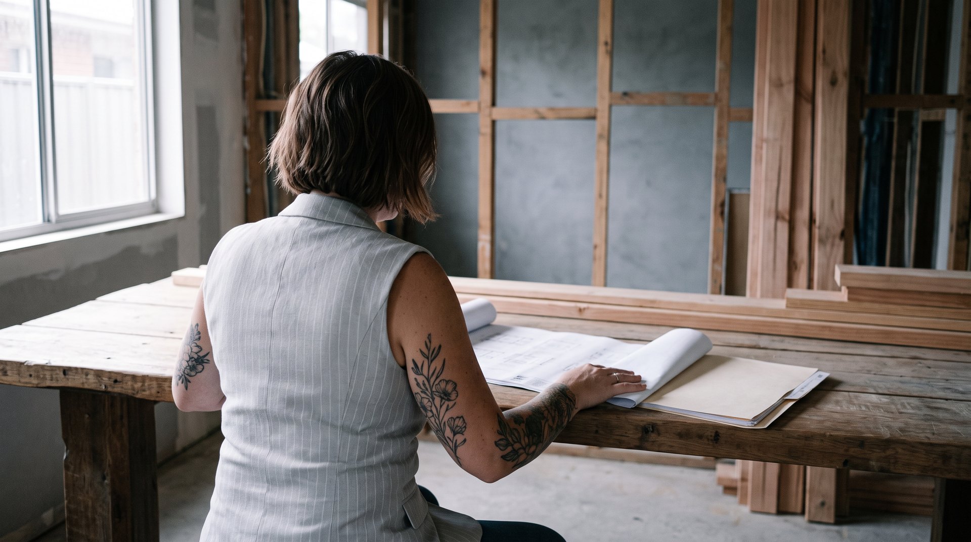 Emma Hanover seated at a workbench working through plans in a partly framed room