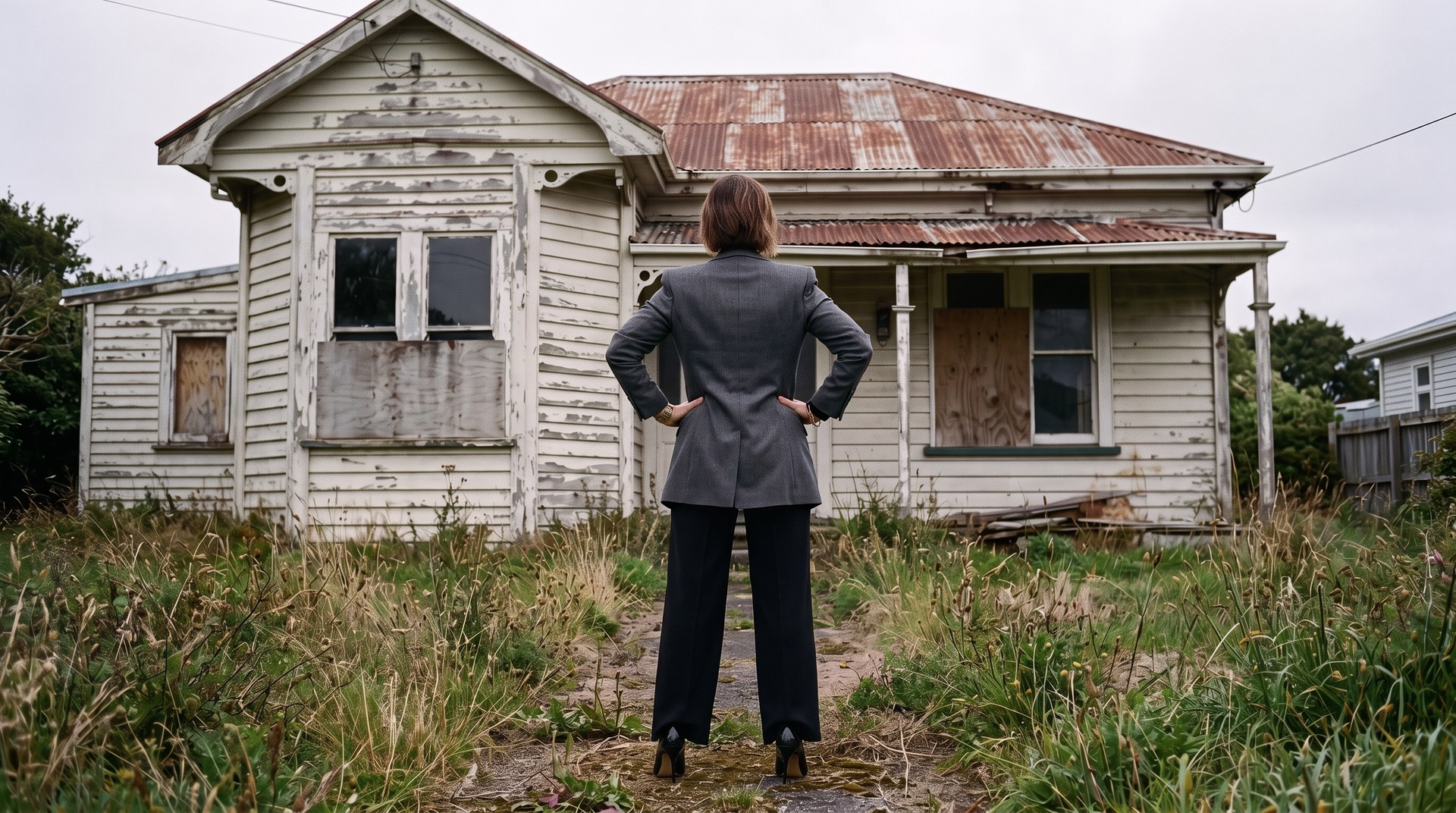 Emma Hanover standing in the overgrown front yard of a derelict weatherboard house with a rusted roof