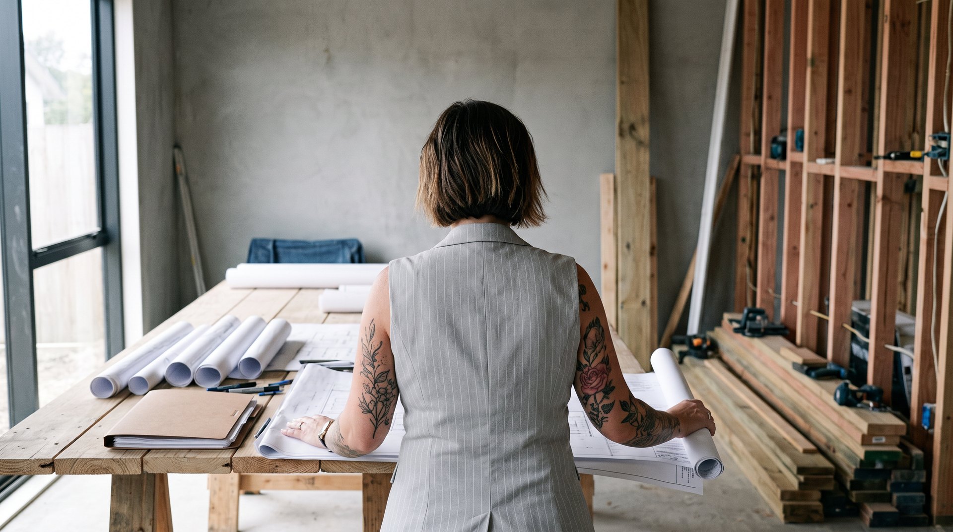 Emma Hanover standing at a workbench reviewing rolled building plans in an unlined house