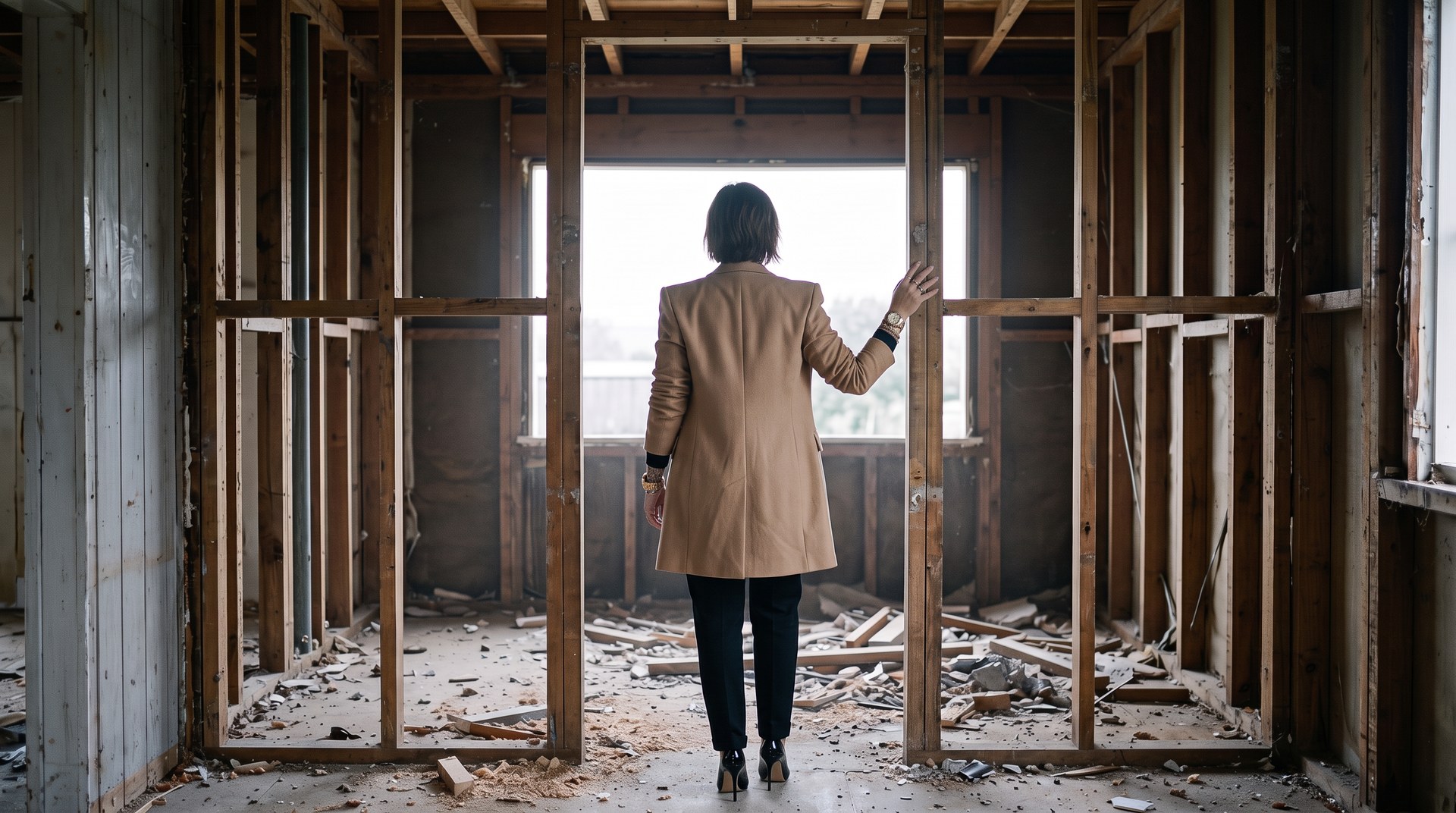 Emma Hanover walking through a house stripped back to exposed timber framing