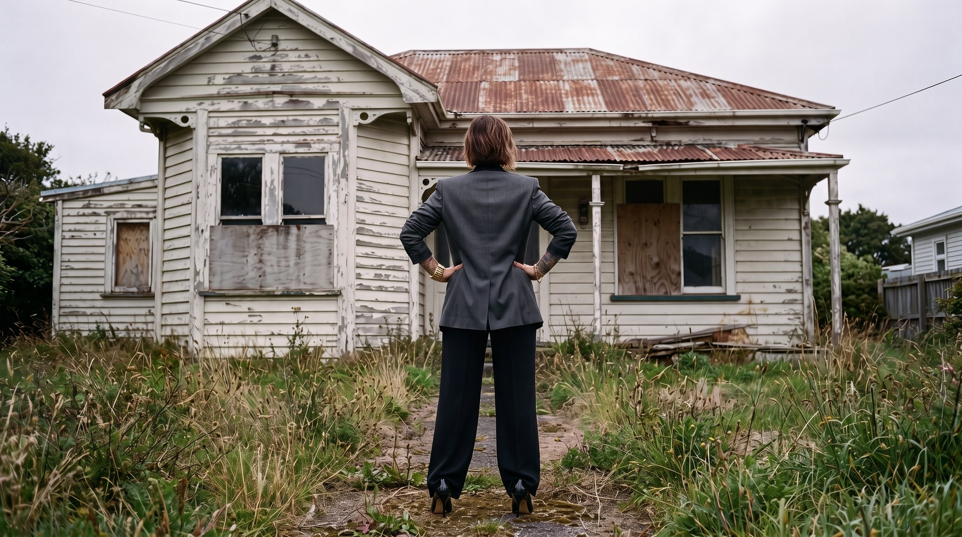 Emma Hanover standing in front of a derelict weatherboard house