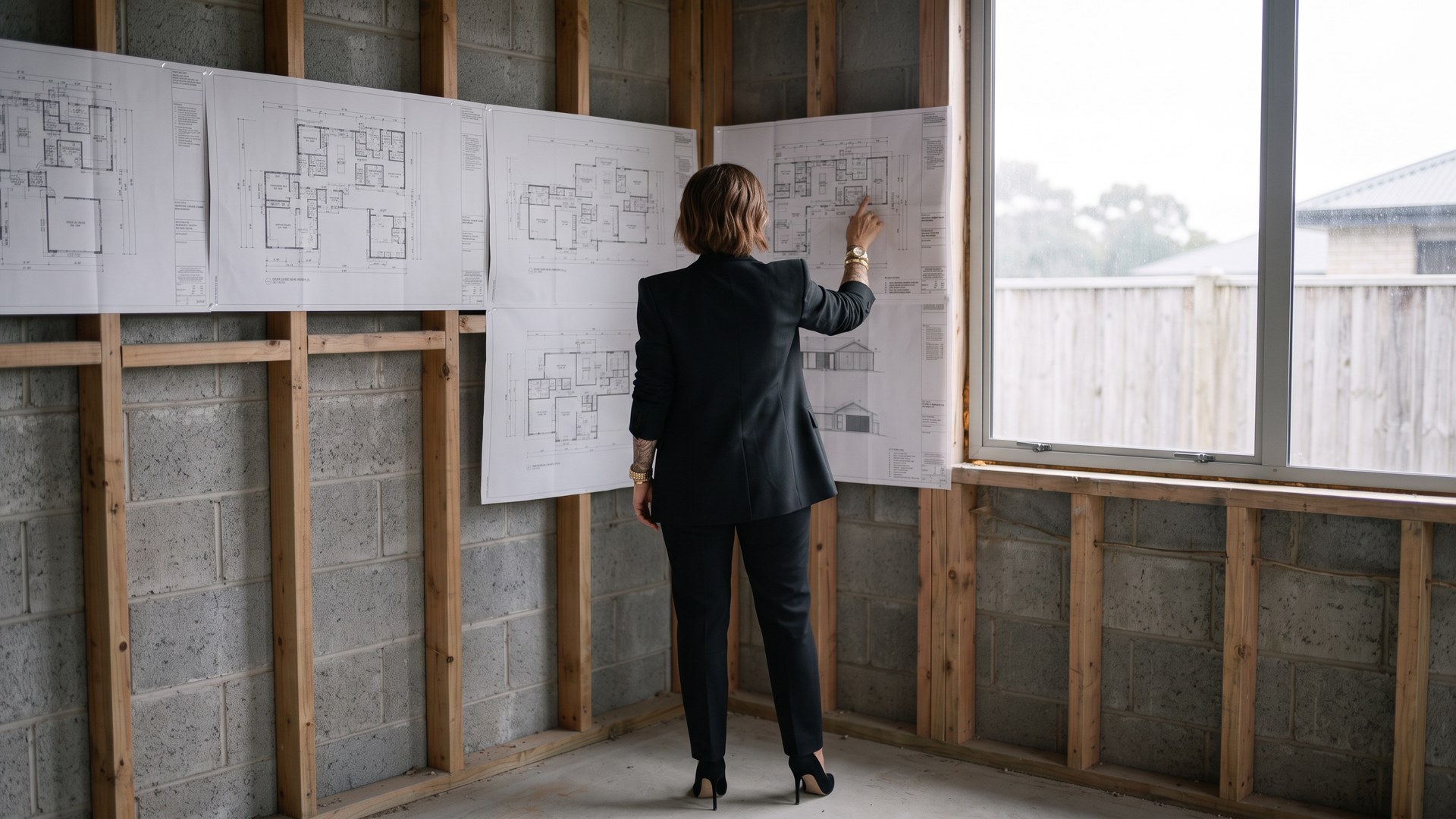 Emma Hanover standing at a wall of pinned building plans in a room stripped back to exposed timber framing