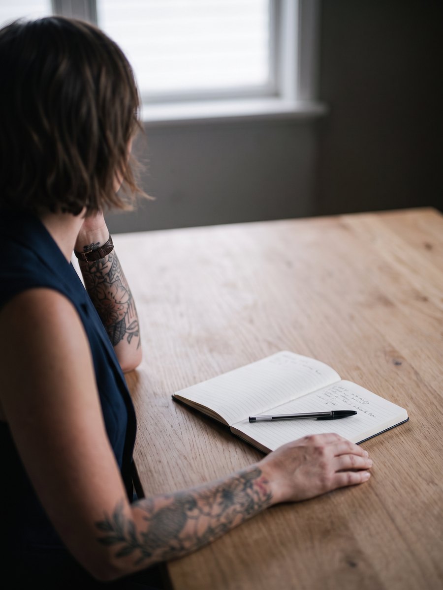 Close crop of an open notebook and pen on a pale timber table, Emma Hanover out of focus at the edge of the frame beside a bright window