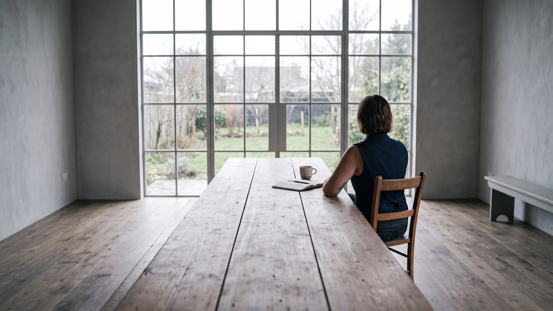 Emma Hanover sitting alone at the far end of a long timber table in a bare room, facing tall garden windows, with a notebook and a coffee cup in front of her
